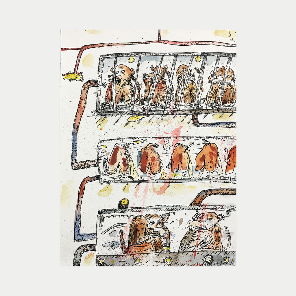 The artwork 'Testing 1 2 3' by Andrew Chan features a whimsical watercolor and ink illustration depicting series of comic-style panels arranged in horizontal rows. Each panel contains loose, gestural figures rendered in warm brown and red tones, set against a white background with delicate gray washes and yellow accent marks. The flowing, organic linework creates a dynamic composition measuring 15 x 11.5 inches by Andrew Chan.