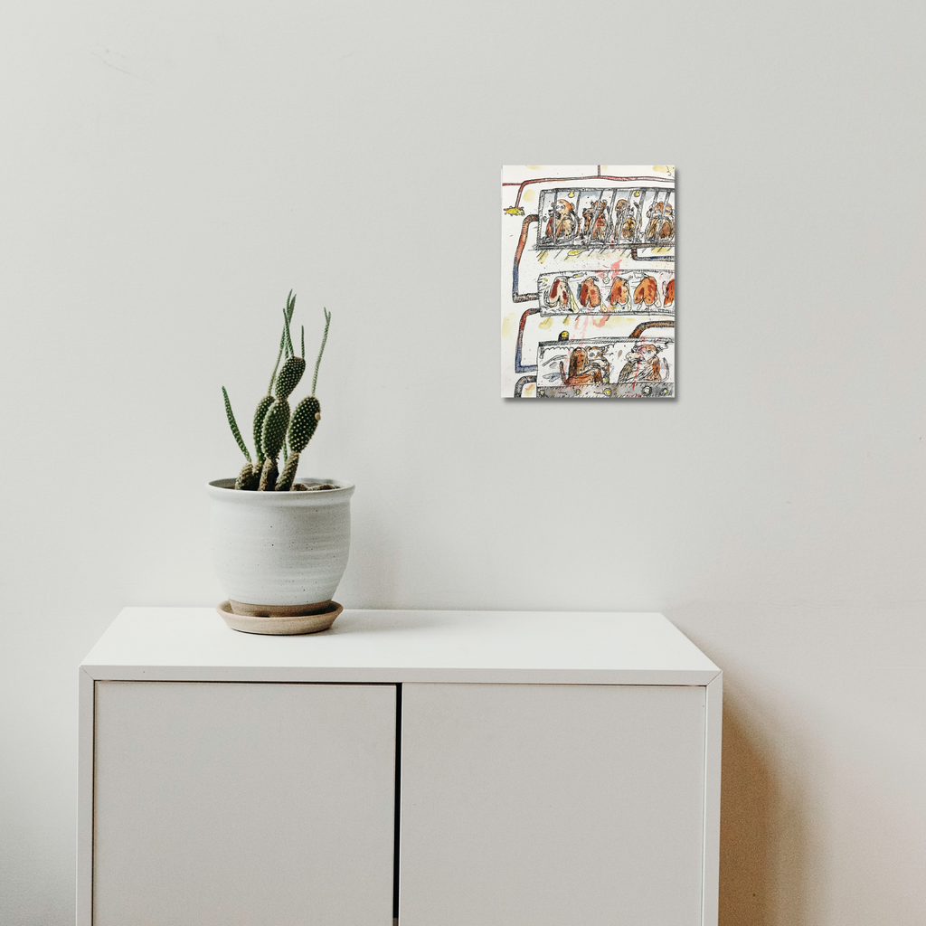 The artwork 'Testing 1 2 3' by Andrew Chan features abstract watercolor and ink illustrations arranged in three horizontal tiers on white paper, displayed above a minimalist white cabinet with a potted cactus. The artwork combines earthy orange and brown tones with fluid brushstrokes, measuring 15 x 11.5 inches.