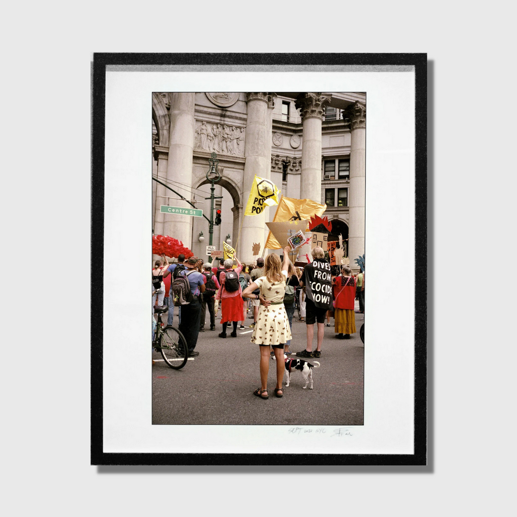 The artwork 'The Argument' by Mari Sarai captures a street protest scene featuring classical architectural columns and arches. A crowd gathers beneath ornate building details, with protest signs and red balloons visible. In the foreground, a figure in a polka dot dress stands with a small dog, viewing the demonstration. The framed photograph combines urban documentary style with social commentary, presented in a black frame, edition #20.