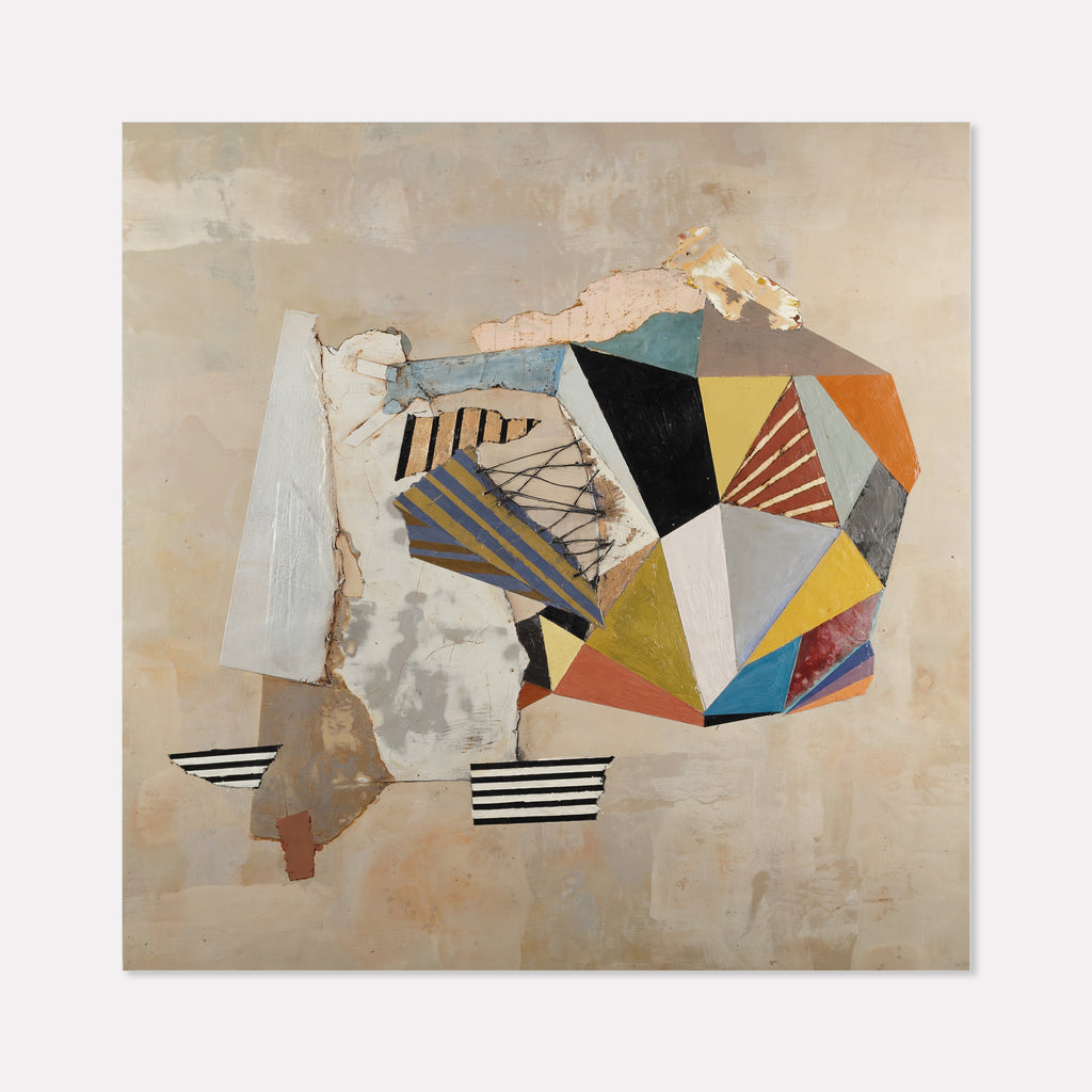 The artwork 'The Beginning of Forgetting' by Karen Nielsen-Fried features abstract geometric shapes in a dynamic composition. Colorful triangles and polygons in yellow, blue, orange, and black intersect against a neutral beige background. Linear striped patterns and textural elements created with encaustic and oil paint techniques add depth and visual interest. The 30x30 inch wood panel artwork combines structured forms with organic edges.