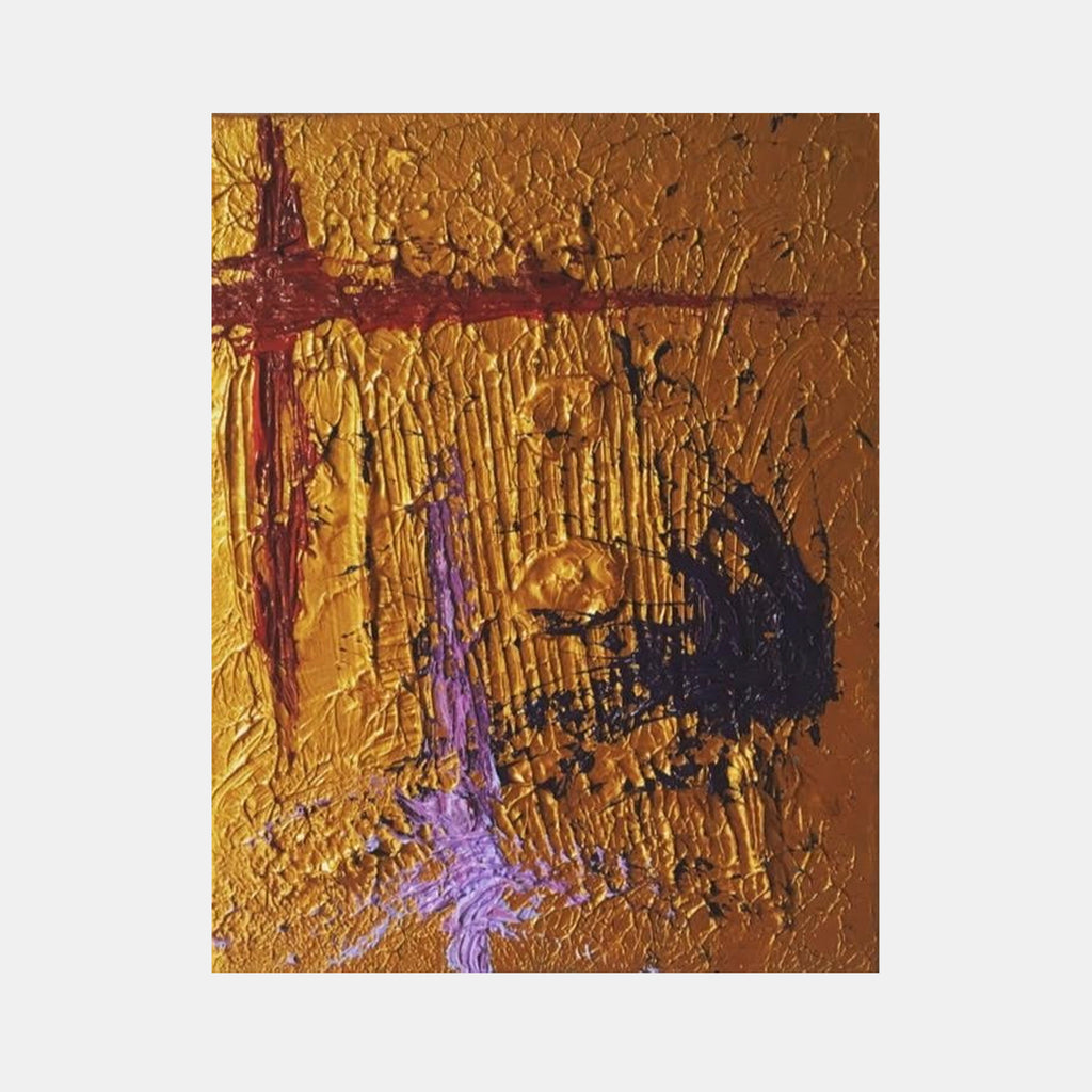 The artwork 'The Byzantine Wall' by Dom Hiddo features heavily textured acrylic on cotton, depicting an abstract composition with a rich golden background intersected by a bold burgundy cross. Dramatic purple accents and deep navy shadows create depth, while the impasto technique gives a dimensional, weathered appearance reminiscent of ancient walls. - By Dom Hiddo
