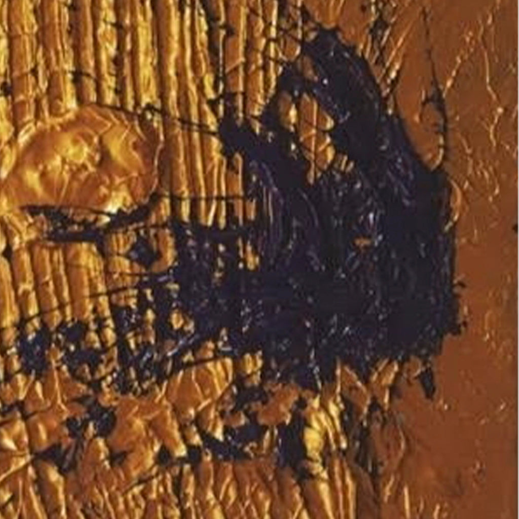 The artwork 'The Byzantine Wall' by Dom Hiddo features a dramatic textural composition with rich golden-copper tones contrasting against deep navy shadows. Heavy impasto technique creates raised ridges and valleys across the canvas, with abstract forms suggesting ancient architectural elements. Acrylic on cotton showcases bold surface treatment and metallic-like qualities.