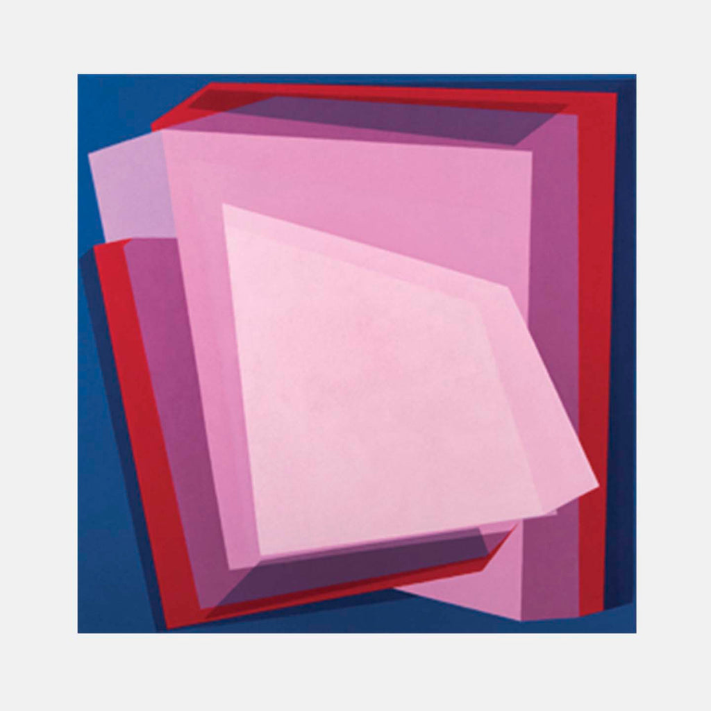 The artwork 'The Changing Reality' by Kati Vilim features overlapping geometric shapes in pink and red tones against a deep blue background. The transparent layers create a sense of depth and atmospheric dimension, with angular forms intersecting to form a dynamic spatial composition. Oil on canvas, geometric abstraction art by Kati Vilim.