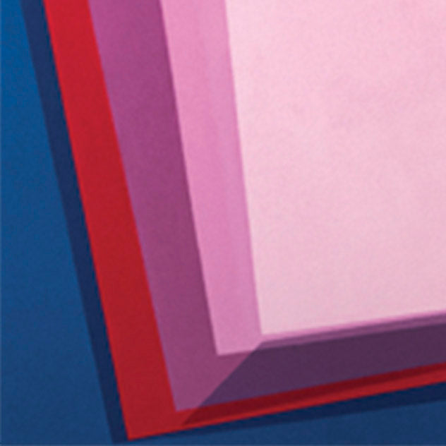The artwork 'The Changing Reality' by Kati Vilim features overlapping geometric shapes in vibrant blue, red, and pink tones, creating transparent layers that suggest depth and dimension. The abstract composition showcases angular forms with crisp edges, demonstrating masterful use of oil paint on canvas to explore spatial relationships - by Kati Vilim.