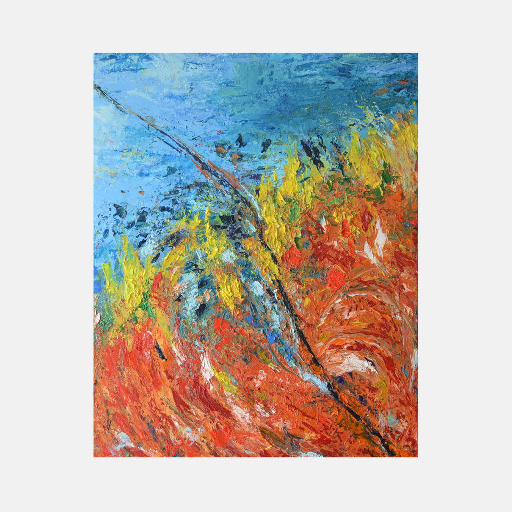 The artwork 'The Churn' by Rita BasuMallick features a dynamic abstract composition with bold brushstrokes depicting vibrant orange and yellow flames against a turquoise blue sky. A diagonal line cuts through the canvas, creating dramatic movement and tension. The heavily textured oil paint application adds depth and energy to this 24x18 inch canvas.