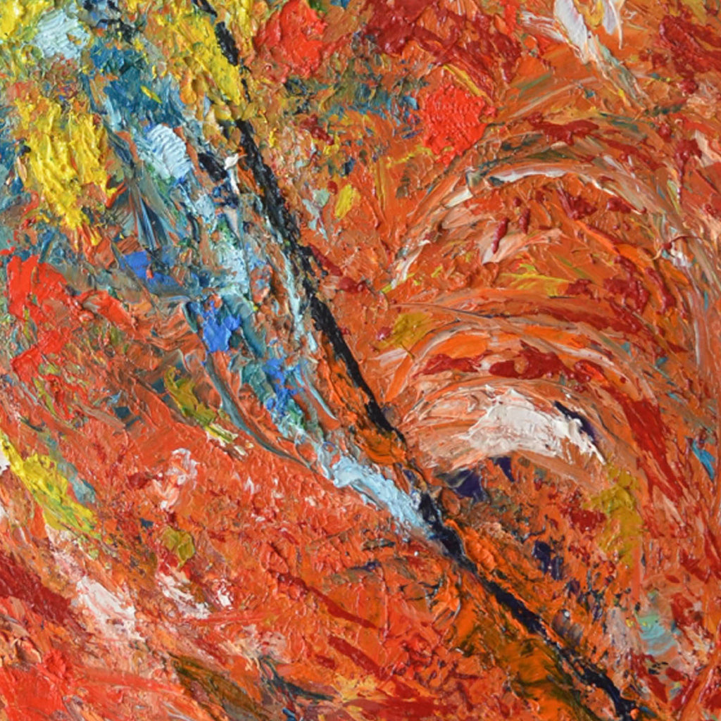 The artwork 'The Churn' by Rita BasuMallick features vibrant impasto technique with bold orange and red swirls, contrasted by a dramatic diagonal blue streak. Thick textured brushstrokes create dynamic movement across the canvas, with touches of yellow and white highlights adding depth. Oil on canvas, abstract expressionist style.