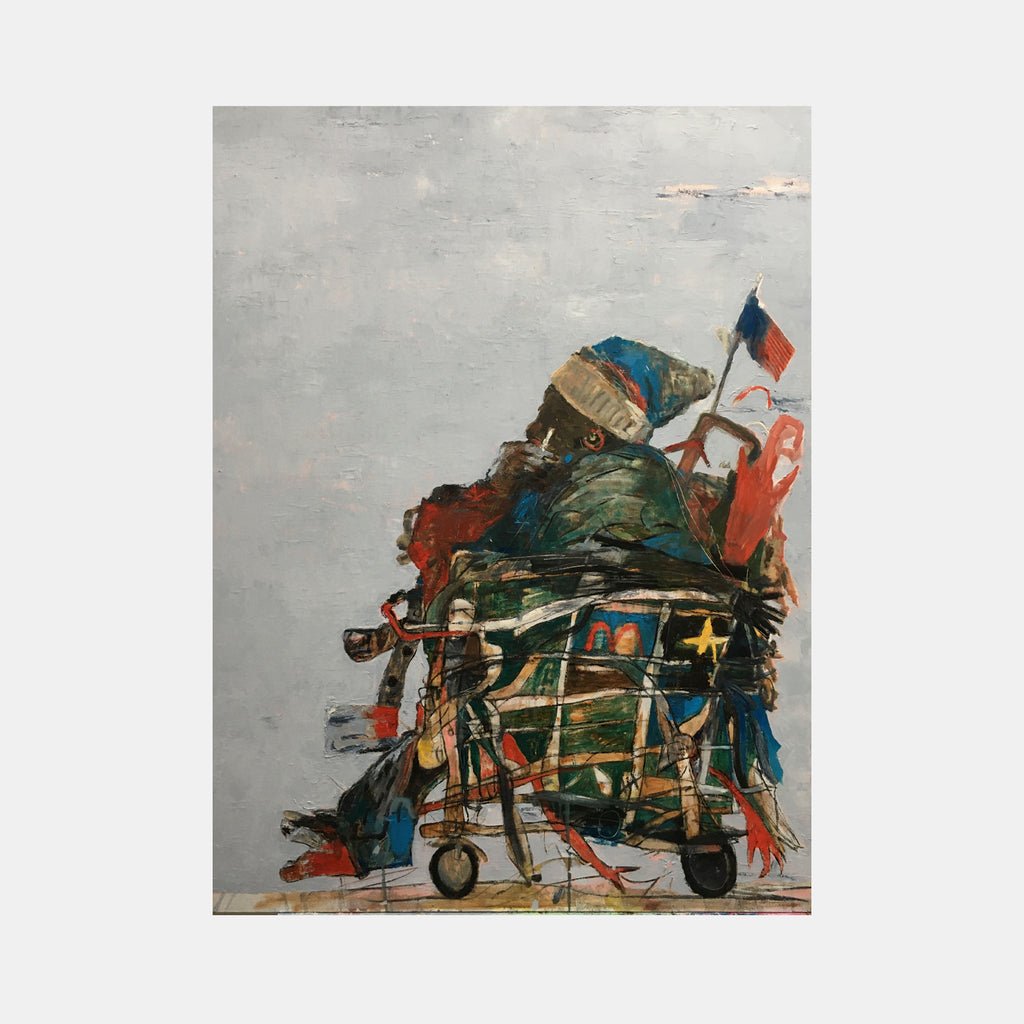 The artwork 'The Collector' by Andrew Chan depicts a wheelchair adorned with vibrant blue, red, and gold accents against a muted grey background. Abstract brushstrokes and encaustic textures create a dynamic composition, featuring flags and decorative elements assembled in a collage-like style. The oil and encaustic technique adds rich texture and depth to this 48x36 inch canvas.