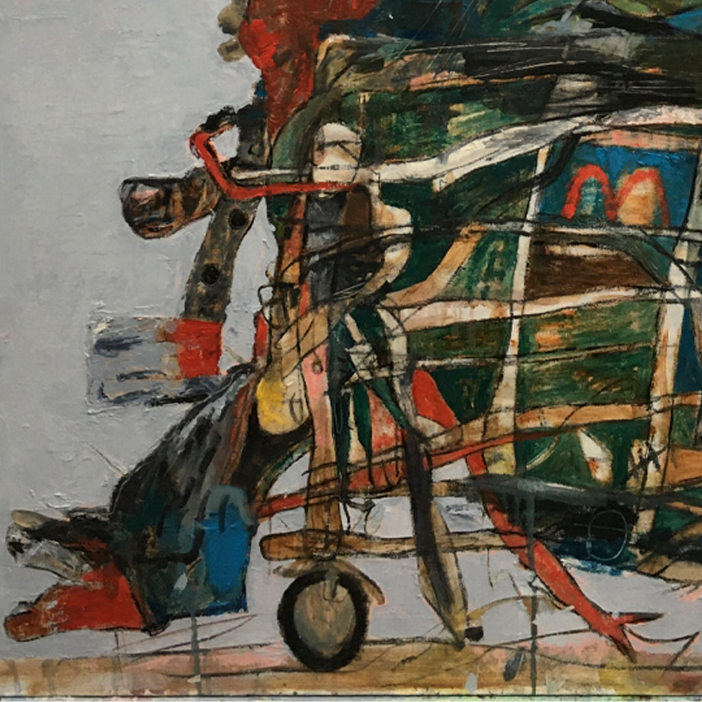 The artwork 'The Collector' by Andrew Chan features dynamic abstract expressionism with bold brushstrokes in oil encaustic on canvas. A chaotic composition of sweeping lines in deep greens, vibrant reds, and earthy browns creates movement across the canvas. Dark geometric shapes and curved elements suggest mechanical or industrial forms against a light gray background, conveying energy and motion. Size: 48x36 inches.