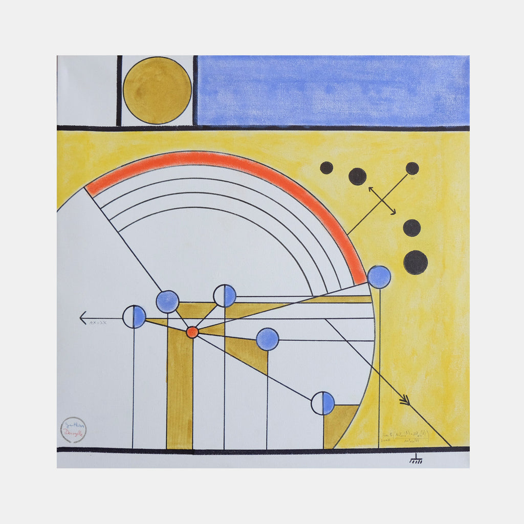 The artwork 'The Curse of Dimensionality' by Gauthier Denoyelle features a geometric abstract composition with a partial rainbow arc in red and gray against a yellow and white background. Blue circular nodes connected by black lines create a mathematical pattern, while a golden circle adorns the top corner. Rendered in marker, crayon, and pencil on canvas.