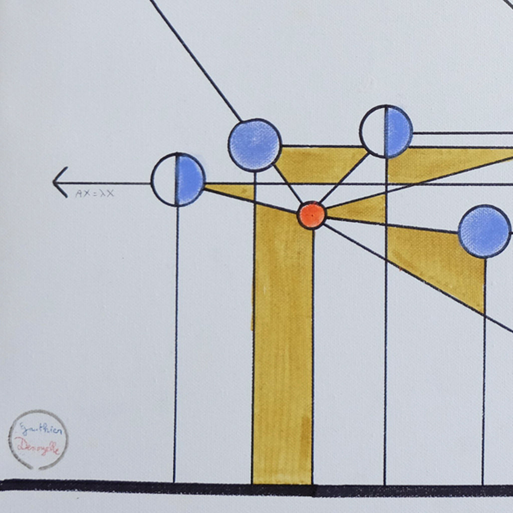 The artwork 'The Curse of Dimensionality' by Gauthier Denoyelle features geometric abstraction with interconnected blue circles and yellow triangular shapes radiating from a central orange dot. Black lines create a precise network pattern against a white background, combining minimalist design with mathematical precision in marker, crayon, and pencil on canvas.