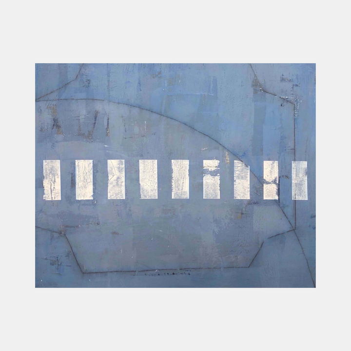 The artwork 'The Edge of Water' by Shira Toren features a minimalist composition with white rectangular blocks arranged in a horizontal line against a textured blue-grey background. Created with Venetian plaster and pigment on canvas, the piece evokes a sense of rhythm through geometric patterns and weathered surfaces.