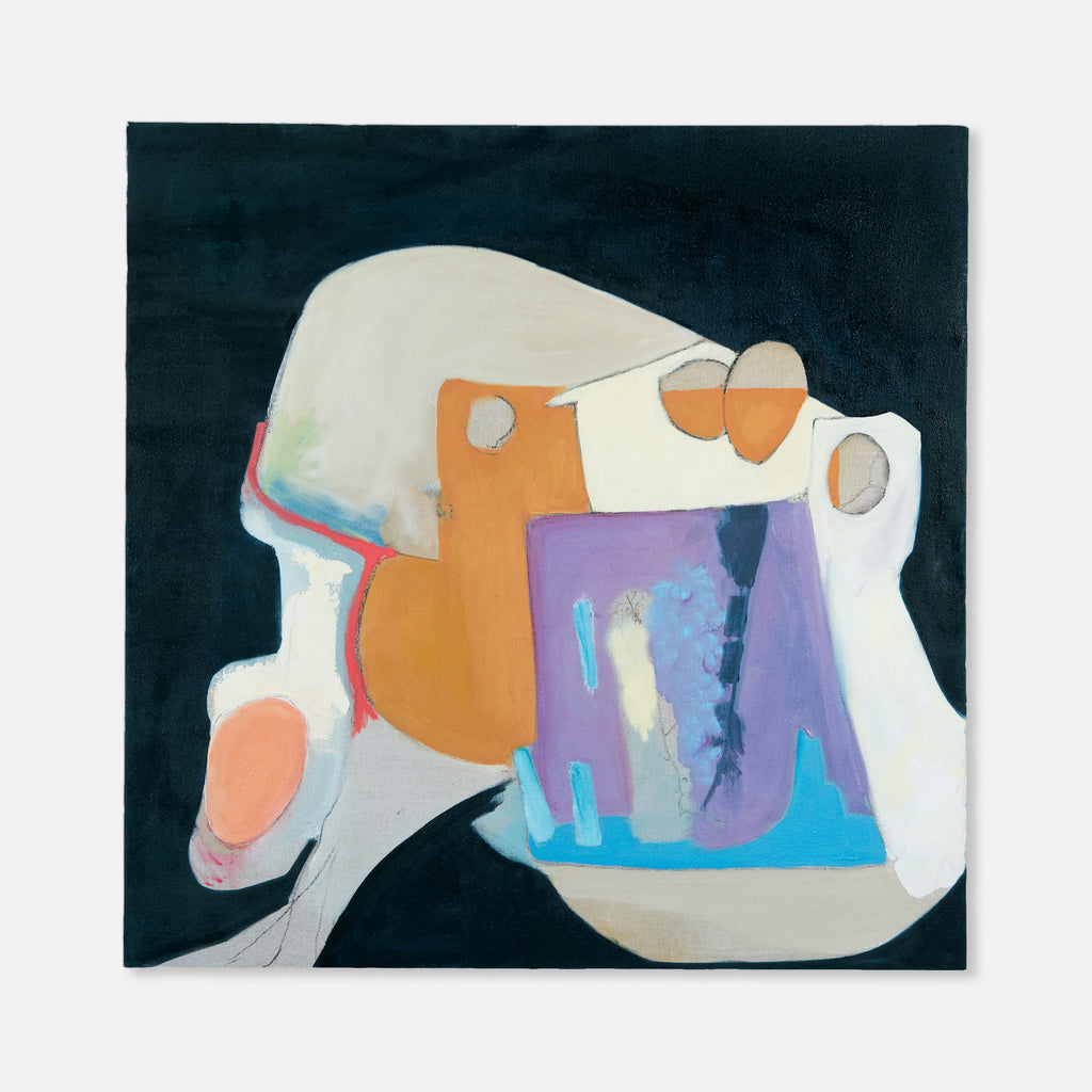 The artwork 'The Enormity of it All' by Gail Winbury features abstract organic shapes in white, orange, and purple against a deep teal background. The composition shows flowing forms with gentle curves, highlighted by subtle blue accents and graphite lines. The oil on linen painting combines soft pastel tones with bold geometric elements, creating a dynamic contemporary abstract piece.