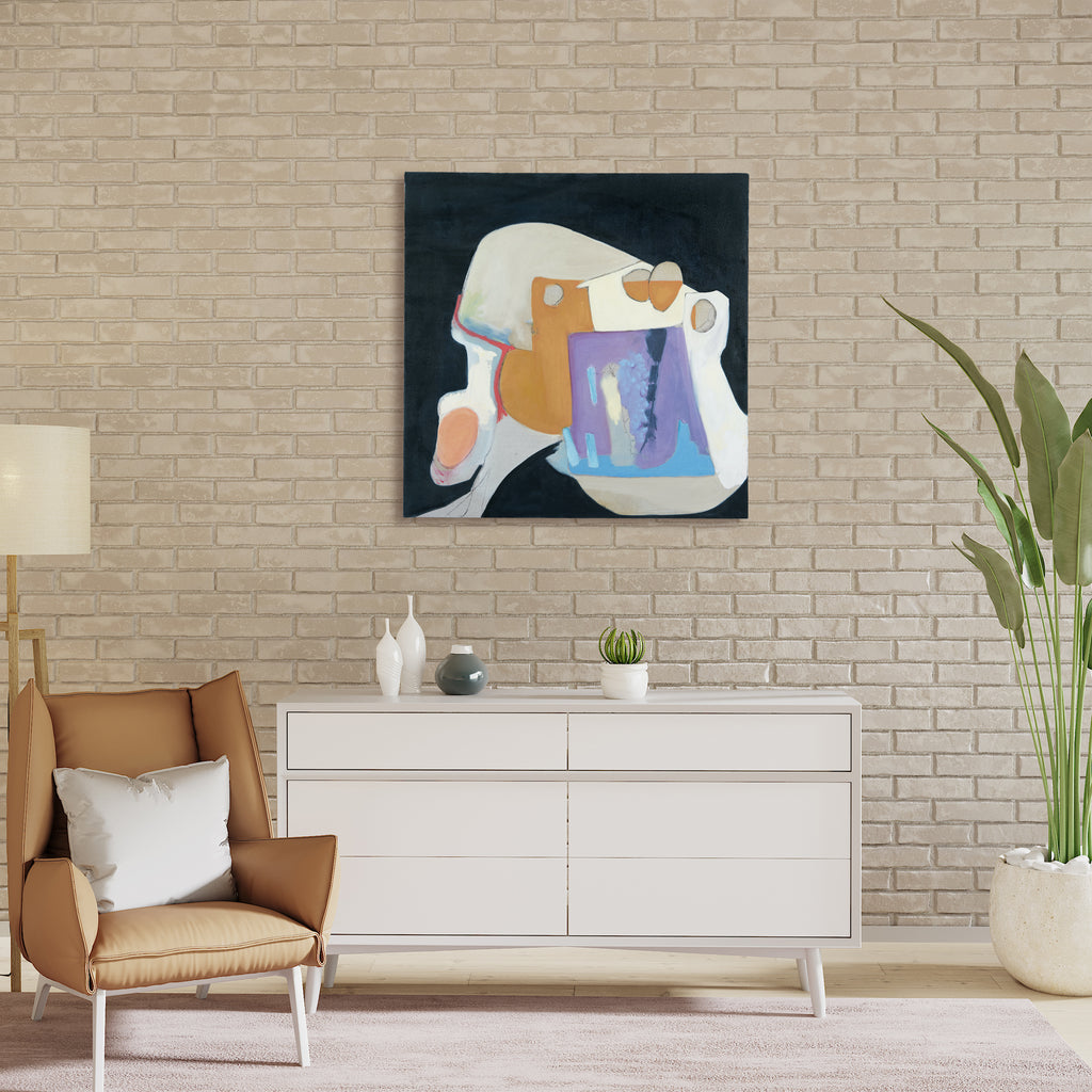 The artwork 'The Enormity of it All' by Gail Winbury showcases an abstract composition featuring organic shapes in soft peach, white, and lavender tones against a deep teal background. The oil and graphite on linen painting combines fluid forms with geometric elements, creating a dynamic interplay of colors and textures in a 37x37 inch format.