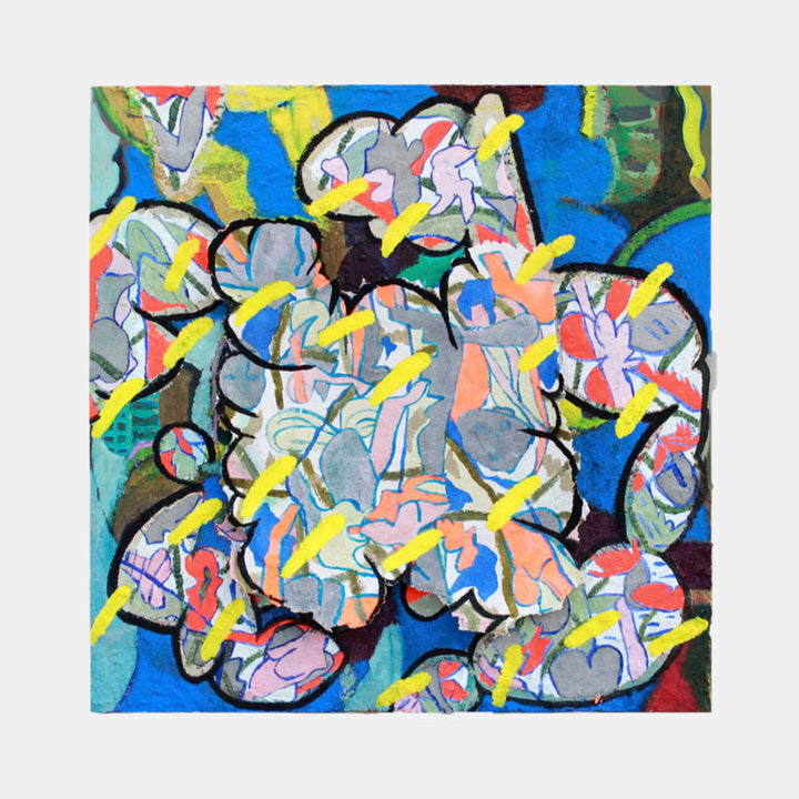 The artwork 'The Fall' by Winnie Sidharta features abstract organic shapes in vibrant blues, grays, and yellows. Dynamic lightning bolt-like strokes in bright yellow cut across a composition of swirling, cloud-like forms. The acrylic and collage piece combines bold colors with fluid movement, creating an energetic modern expression on panel, measuring 30x30 inches.