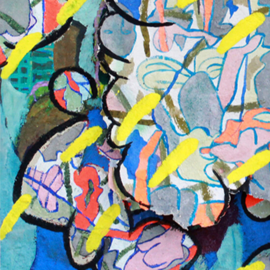 The artwork 'The Fall' by Winnie Sidharta features an abstract composition with dynamic curved shapes in vibrant blues, yellows, and coral pink. Bold black brushstrokes create movement throughout, while collage elements add texture and depth. The 30x30 inch piece combines acrylic paint and mixed media on panel, showcasing a rhythmic interplay of color and form.