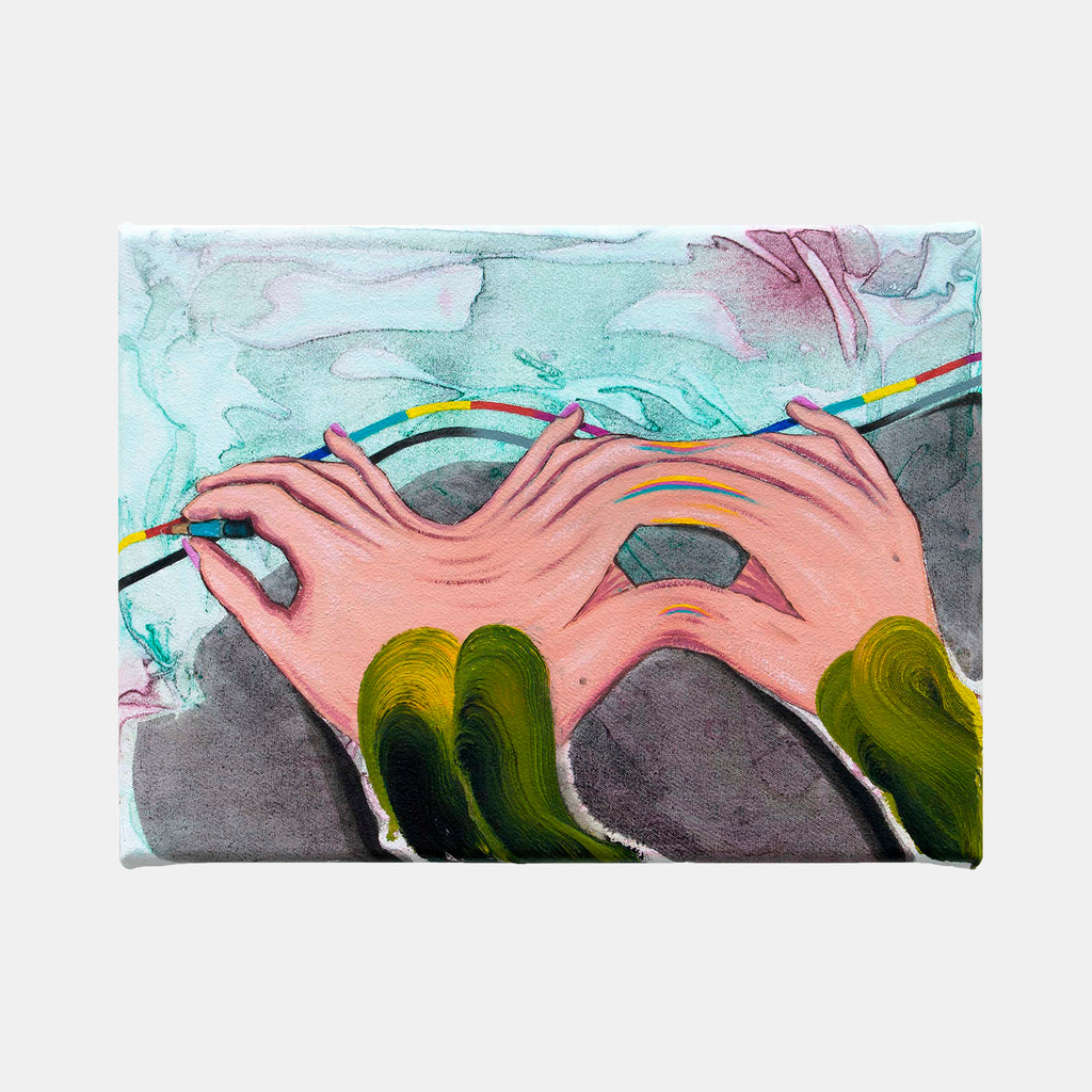 The artwork 'The Flattering Side of Creative Labor' features abstract waves in salmon pink against a turquoise sky, with deep green curved forms rising from a charcoal base. The fluid, organic composition combines oil and acrylic on cotton, creating a dreamlike landscape with dynamic sweeping lines and contrasting colors. By Christian Perdix.