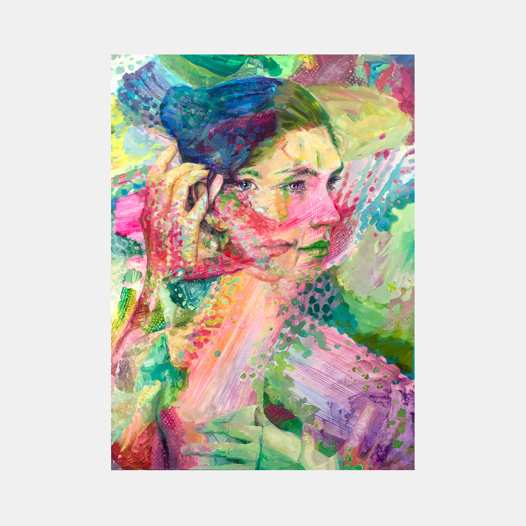 The artwork 'The Girl with Kaleidoscope Eyes' by Elody Gyekis features a portrait rendered in vibrant watercolor-like effects. Swirling brushstrokes blend tropical greens, ethereal blues, soft pinks, and golden yellows across the canvas. The composition showcases expressive oil painting techniques with bold color transitions and dreamy, abstract elements that create a psychedelic aesthetic. 40x30 inches oil on canvas.