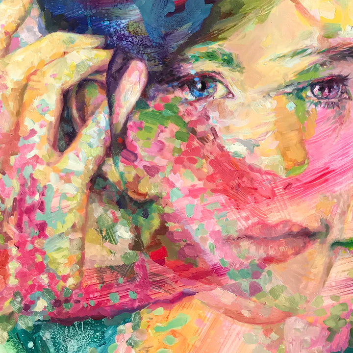 The artwork 'The Girl with Kaleidoscope Eyes' by Elody Gyekis features a vibrant oil painting combining impressionistic and abstract styles. Splashes of pink, yellow, turquoise, and green create a dreamy, kaleidoscopic effect across the portrait. Bold brushstrokes and dynamic color transitions showcase expressive contemporary technique on 40x30 inch canvas. By Elody Gyekis.
