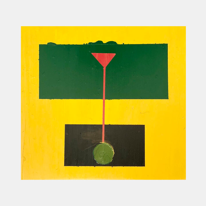 The artwork 'The Gleaner 1962' features minimalist geometric composition with vibrant yellow background, contrasting dark green and black rectangles, and a striking red vertical line ending in a triangular shape, balanced by a green circular form at the bottom. Acrylic on cotton, 24x22.4 inches by Dom Hiddo.