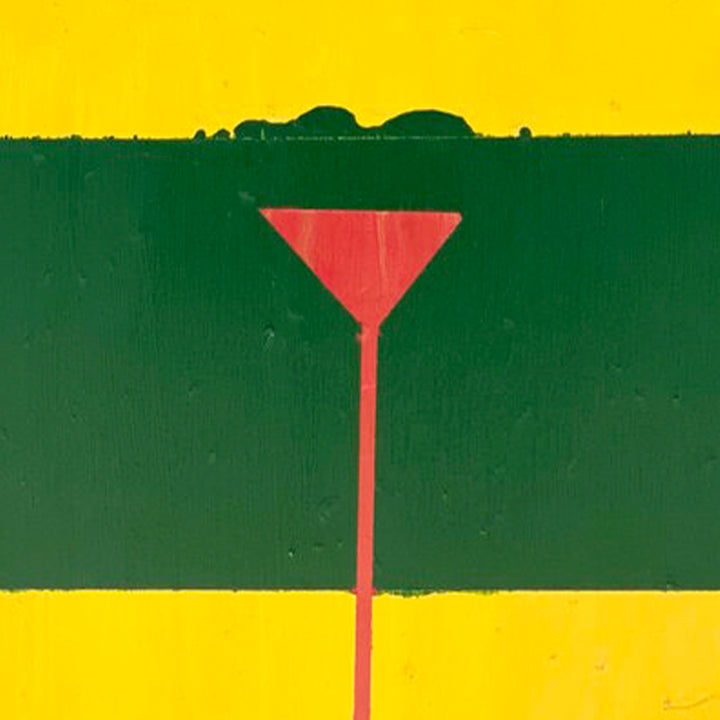 The artwork 'The Gleaner 1962' by Dom Hiddo features bold geometric composition with striking color blocks. A coral-pink vertical line with triangular top stands against horizontal bands of vibrant yellow and forest green. The minimalist landscape suggests rolling hills silhouetted against a golden sky, painted in acrylic on cotton with clean, precise edges.