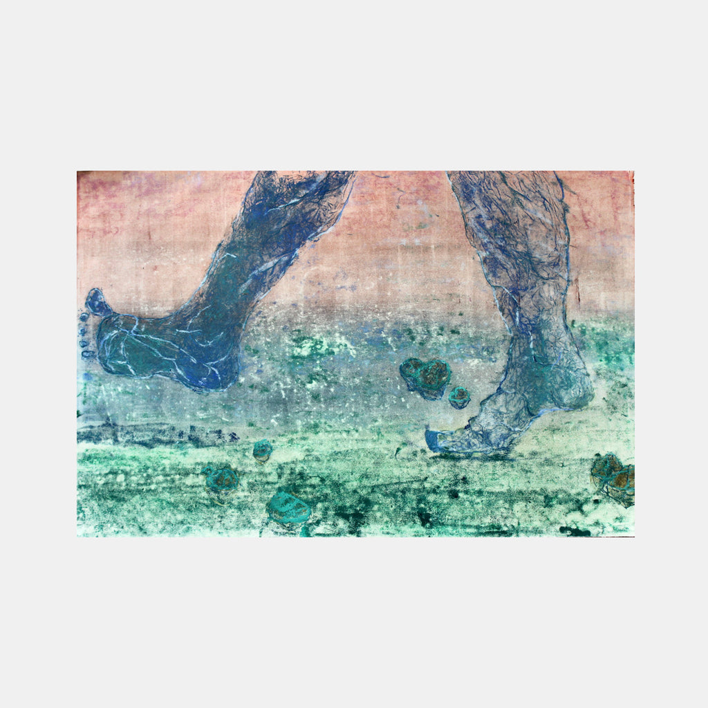 The artwork 'The Golden Hour with Variation in Attitude and Latitude' by Johanna Ryan features abstract forms in deep navy blue set against a dreamy seafoam green and salmon pink background. The collagraph and trace monotype technique creates textural elements resembling organic shapes floating in an ethereal landscape, with delicate details and fluid transitions between colors. by Johanna Ryan