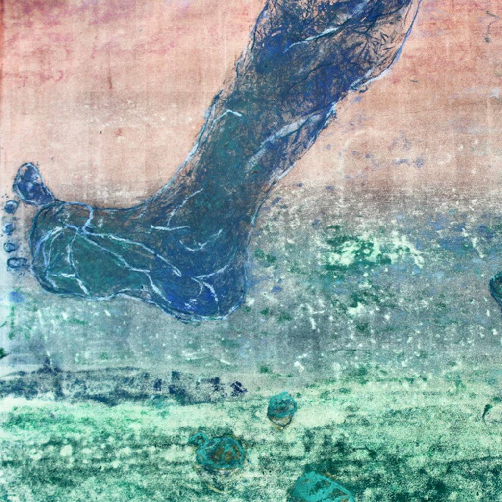 The Golden Hour with Variation in Attitude and Latitude by Johanna Ryan features a striking collagraph print depicting an abstract blue foot or leg form suspended over a textured seafoam green landscape. The monotype technique creates ethereal marbling effects and delicate veining in deep azure tones, contrasting with the misty rose background and aquatic lower portion.