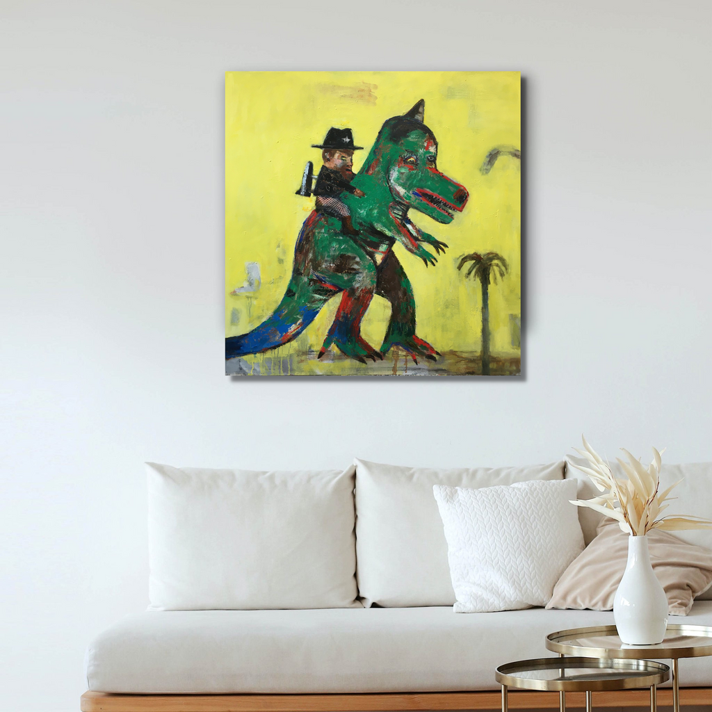 The artwork 'The Gorga-Saur' by Andrew Chan features a whimsical green dinosaur with a silhouetted figure against a vibrant yellow background. The acrylic painting on 32x32 inch canvas depicts a playful scene with palm tree elements, combining urban art style with prehistoric themes. Bold brushstrokes create texture and movement in the emerald and blue tones of the dinosaur's body.