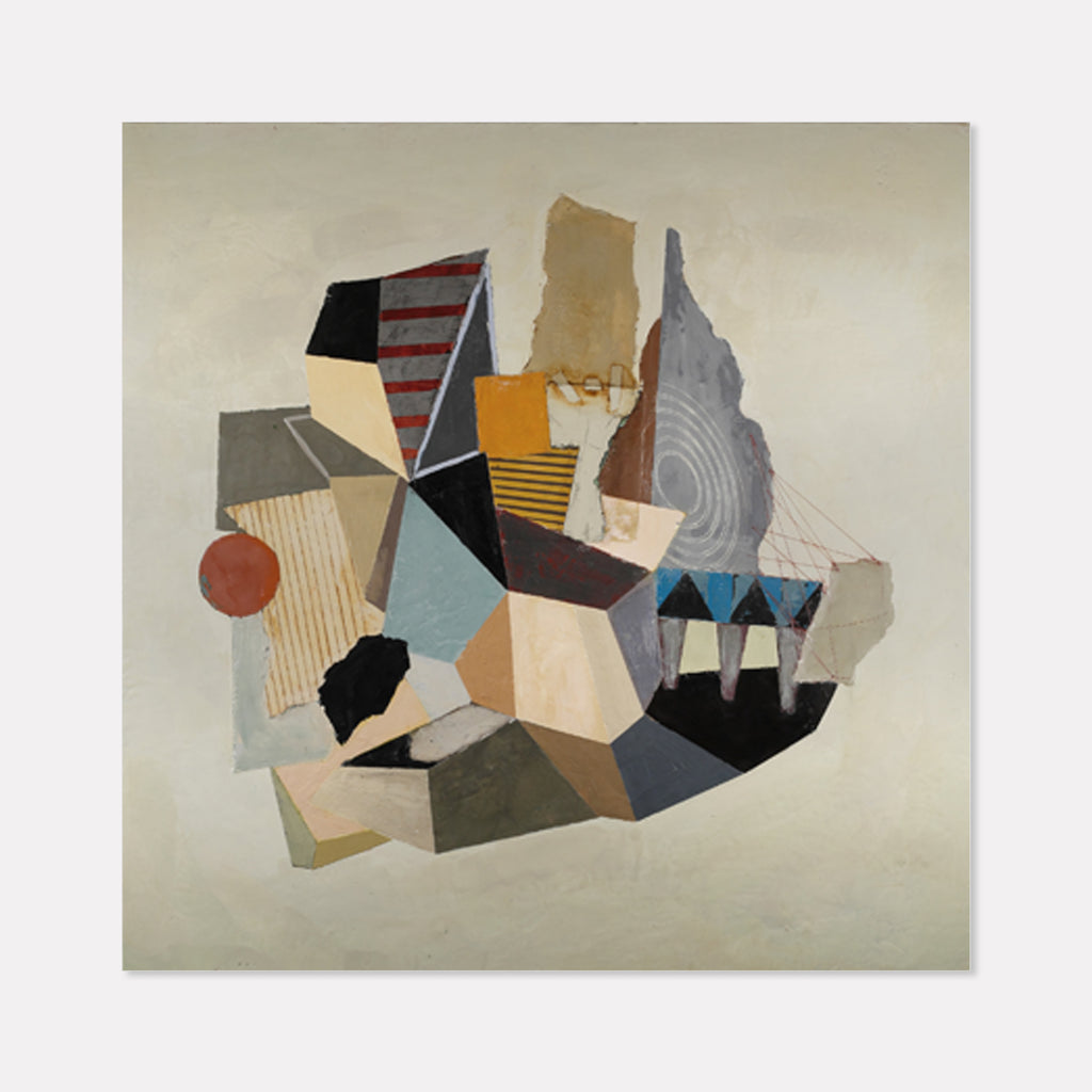 The artwork 'The Great Impermanence' by Karen Nielsen-Fried features an abstract geometric composition with angular shapes in muted earth tones, blues, and oranges. Striped patterns and textural elements merge with fragmented forms, creating a dynamic collage-like arrangement on a cream background. Encaustic and oil techniques add depth and visual interest.