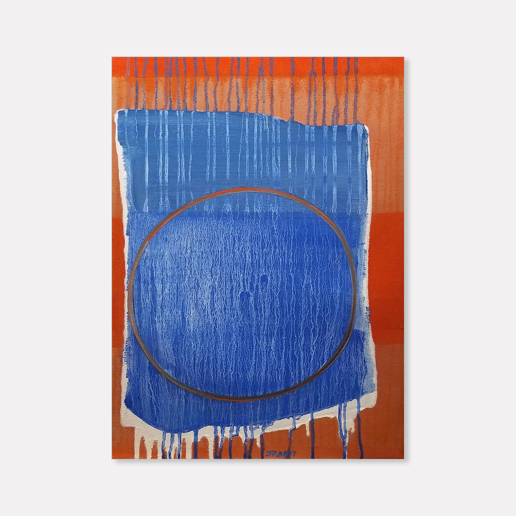 The artwork 'The Journey Of Self Discovery' by Jade Chan features a bold abstract composition with a dominant circular form in deep blue against a vibrant orange background. Vertical dripping lines create texture throughout, while a brown circular outline adds geometric contrast. The oil painting showcases expressive brushwork and a striking complementary color palette.