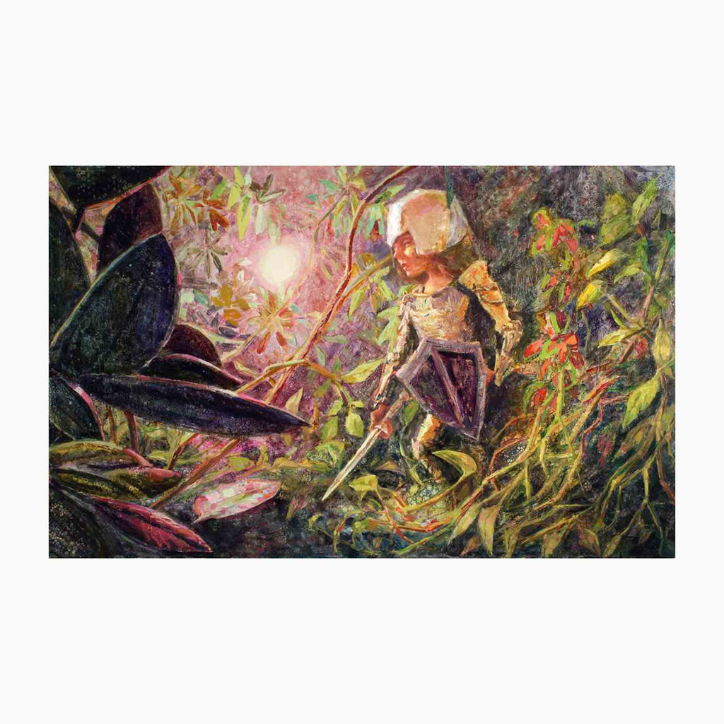 The artwork 'The Jungle Knight' by Elody Gyekis features a whimsical figure in armor traversing through vibrant jungle foliage. Rich emerald greens and deep purples blend with luminous golden highlights, while silver leaf accents create an ethereal glow. Oil painting technique captures mystical florals and twisting vines in a fantastical nighttime scene. 30x48 inches, by Elody Gyekis.
