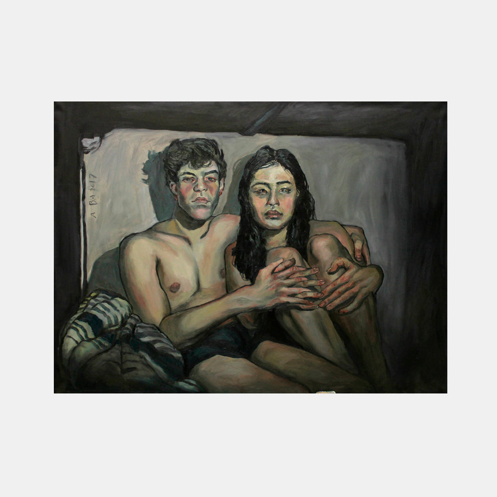 The artwork 'The Last of Something' features two figures in an intimate pose against a dark atmospheric background. Oil painting with muted green and gray tones showcases expressive brushwork and rich texture. The composition creates a moody, contemporary feel on a 36x48 inch canvas by Amanda Ba.