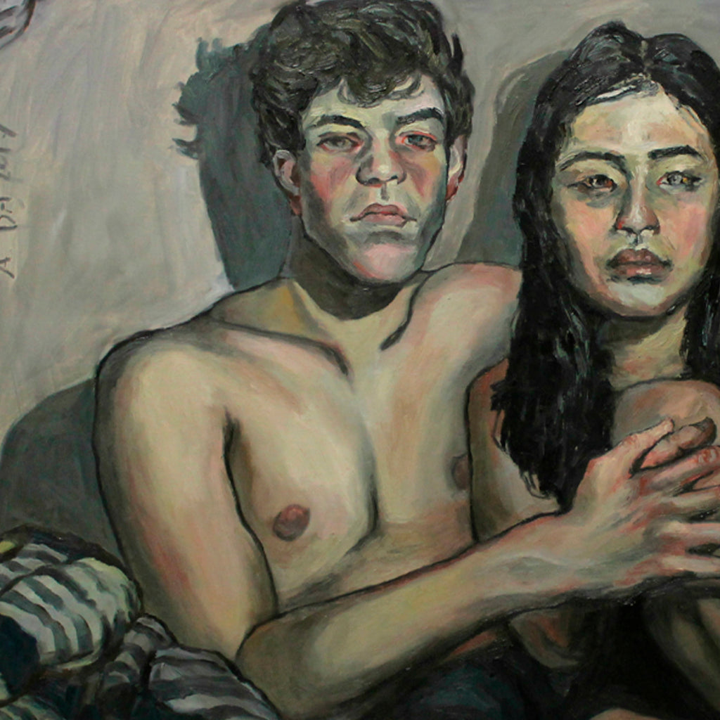 The artwork 'The Last of Something' by Amanda Ba features an expressive oil painting with bold brushstrokes and a moody color palette dominated by muted greens and flesh tones. The composition shows two figures in an intimate setting against a shadowy background, rendered in a contemporary expressionist style on canvas, 36x48 inches, by Amanda Ba.