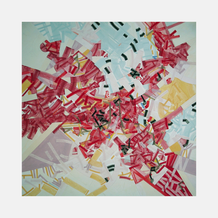 The artwork 'The Pargger' by Philippe Halaburda features an explosive abstract composition with dynamic geometric shapes in vibrant red, pale yellow, and light blue tones. Angular fragments scatter across the canvas in a burst-like pattern, creating movement and depth through overlapping forms. The mixed media piece combines acrylic paint with felt tip and pencil details on stretched canvas by Philippe Halaburda.