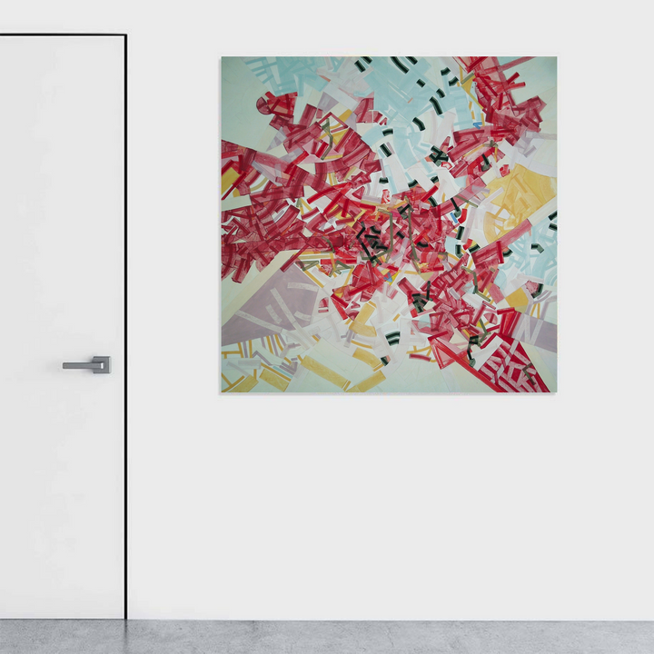 The artwork 'The Pargger' by Philippe Halaburda features dynamic abstract composition with fragmented geometric shapes in vibrant pink and red tones bursting from the center, complemented by soft mint green and yellow accents. Mixed media artwork combining acrylic paint and felt tip markers on stretched canvas creates textural depth and energetic movement.