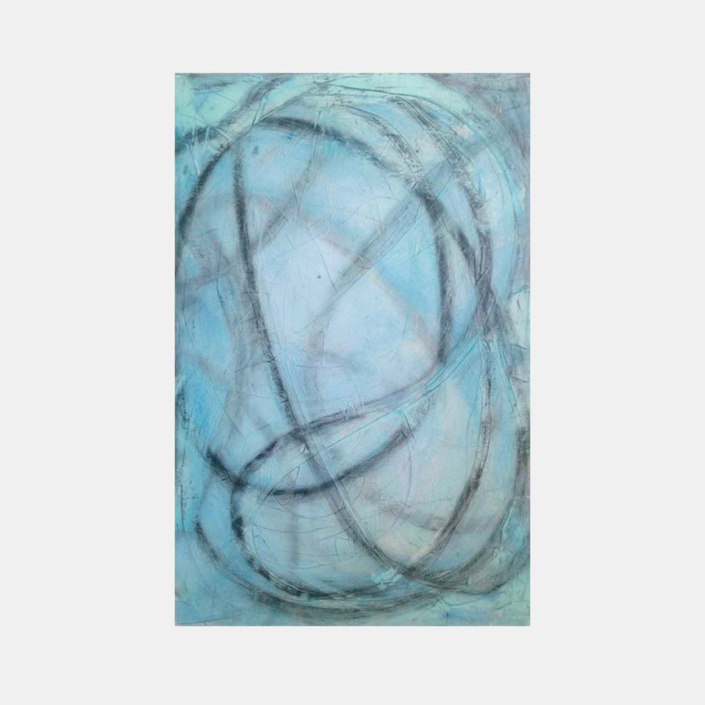 The artwork 'The Path of in and out' by Shira Toren features sweeping curved lines in charcoal gray against a serene aqua blue background. Created with Venetian plaster and pigments on canvas, the abstract composition showcases fluid, circular movements with textural depth and ethereal transitions between light and darker tones.
