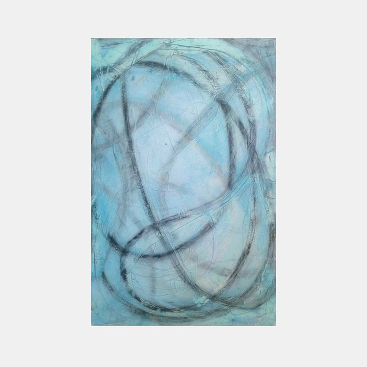 The artwork 'The Path of in and out' by Shira Toren features sweeping curved lines in charcoal gray against a serene aqua blue background. Created with Venetian plaster and pigments on canvas, the abstract composition showcases fluid, circular movements with textural depth and ethereal transitions between light and darker tones.