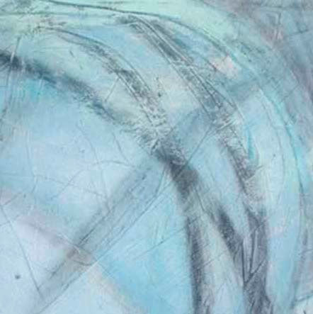 The artwork 'The Path of in and out' by Shira Toren features sweeping curved brushstrokes in steel gray against a luminous aqua blue background. Created with Venetian plaster and pigments on canvas, the piece showcases dynamic movement through textural layers and ethereal washes of color, measuring 36x24 inches by Shira Toren.