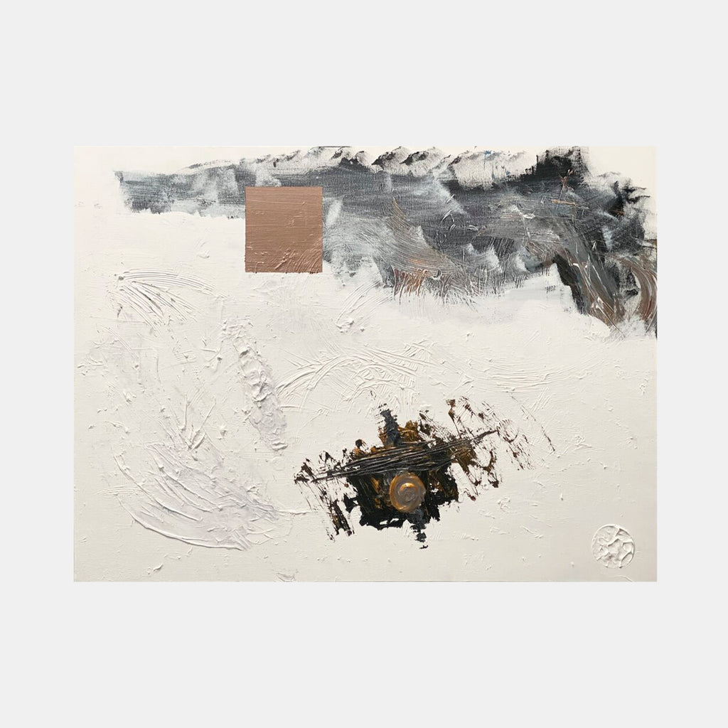 The artwork 'The Place of Snow' by Dom Hiddo features an abstract winter landscape with textured white acrylic strokes creating a snowy terrain, contrasted by dramatic charcoal-grey storm clouds and a striking copper-brown geometric accent. The composition's minimalist style emphasizes negative space and dynamic brushwork on canvas, 30x40 inches.