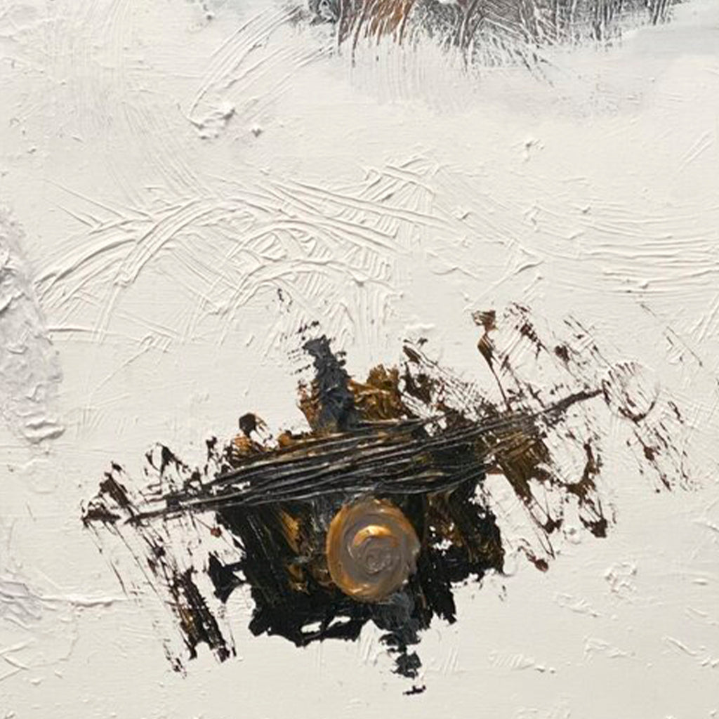 The artwork 'The Place of Snow' by Dom Hiddo features a striking abstract composition with a dominant black angular form against a textured white background. Bold brushstrokes create a dynamic pattern, with touches of metallic gold and bronze accents. The heavily textured acrylic paint application gives depth and movement to this 30x40 canvas piece by Dom Hiddo.