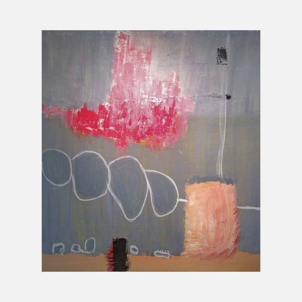 The artwork 'The Pleasure of Not Knowing' by Petra Nimtz features an abstract composition with a vibrant pink splash against a moody grey background. Connected circular forms create a dynamic white line across the canvas, leading to a soft peach-colored block. The oil painting combines textural brushstrokes, bold color contrasts, and organic shapes on a 54x60 inch canvas. By Petra Nimtz.