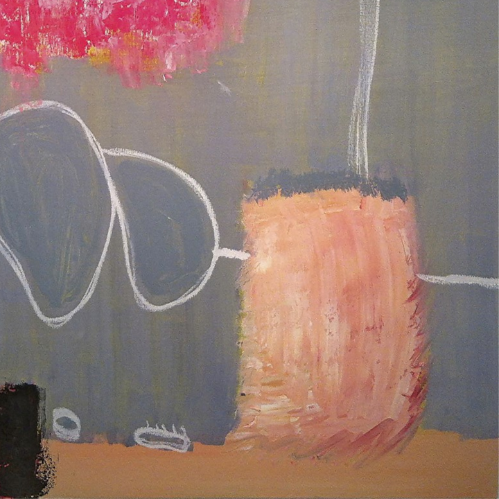 The artwork 'The Pleasure of Not Knowing' features abstract forms with gentle curved white lines against a moody gray background, complemented by a prominent salmon-pink rectangular shape and vibrant red accents. The oil painting combines textural brushstrokes and minimalist elements, creating a contemplative modern composition by Petra Nimtz.