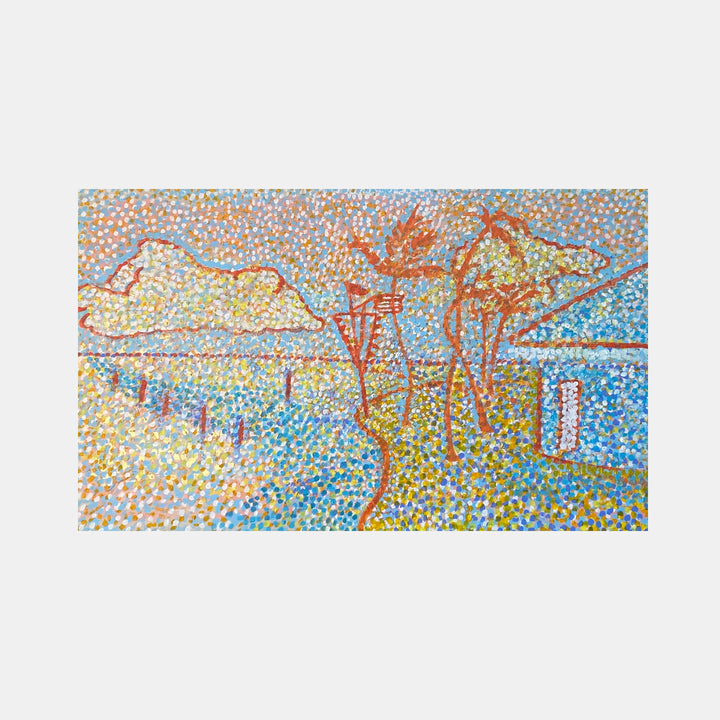 The artwork 'The Point 2021' by Camilla Webster features a pointillist landscape with vibrant orange palm trees against a dotted background of blues and yellows. The scene depicts a coastal view with abstract mountains and water, rendered in a mosaic-like pattern of small colorful dots. The 32x49 inch acrylic painting captures a tropical setting through an impressionistic, dotted technique.