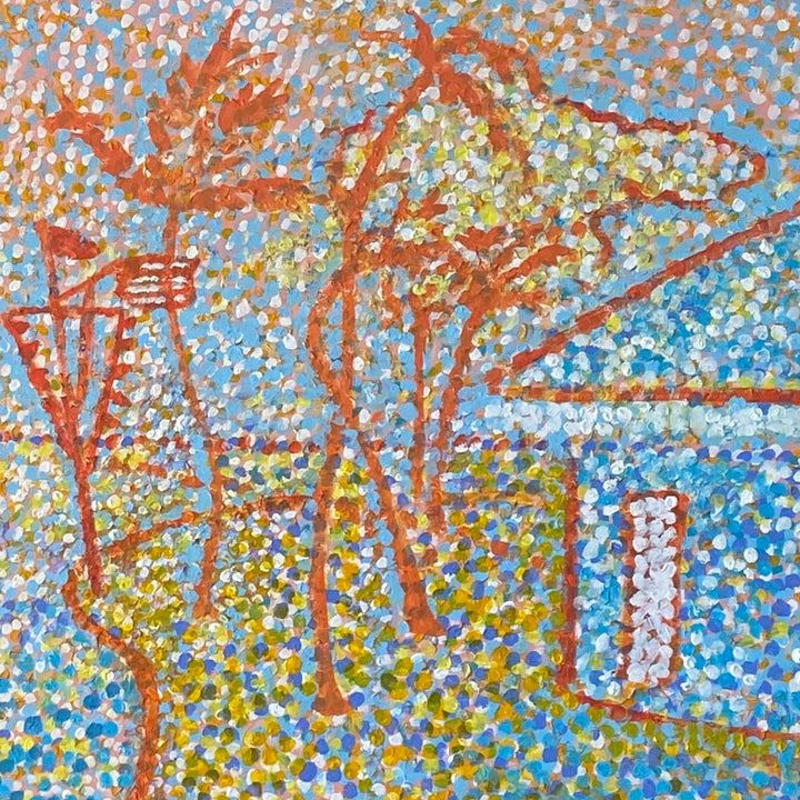 The artwork 'The Point 2021' features vibrant pointillist palm trees in rustic orange against a dotted mosaic background of bright blues and yellows. The composition captures a tropical landscape through thousands of small dots, creating a luminous effect in acrylic on canvas, by Camilla Webster.