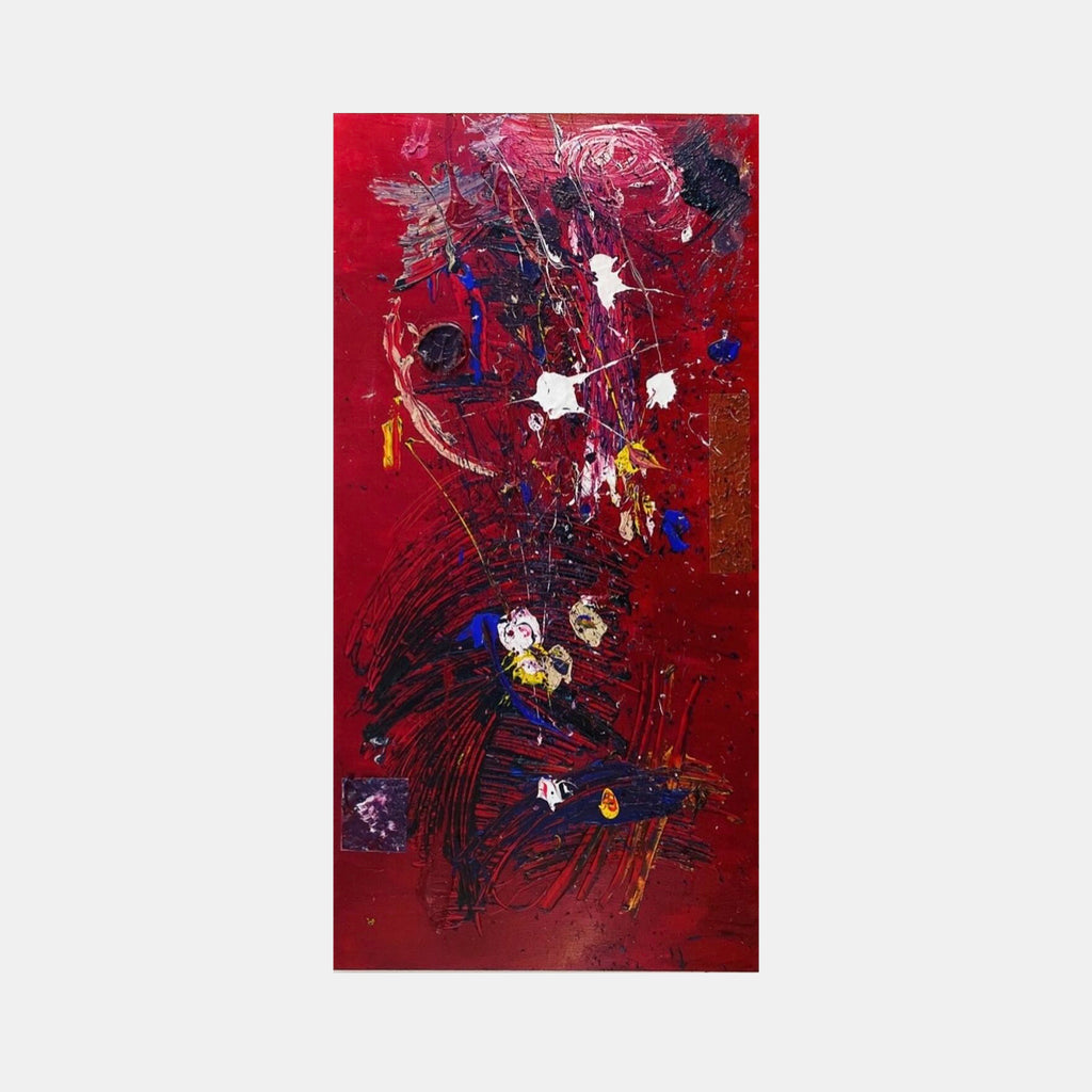 The artwork 'The Protector' by Dom Hiddo features a dynamic abstract composition on a deep crimson background. Bold gestural strokes in navy blue sweep across the canvas, while splashes of white, yellow, and purple create an explosive energy. The textured surface, created with acrylic and oil on wood, shows layers of paint with dramatic splatters and scratches, conveying a sense of motion and raw emotional intensity.