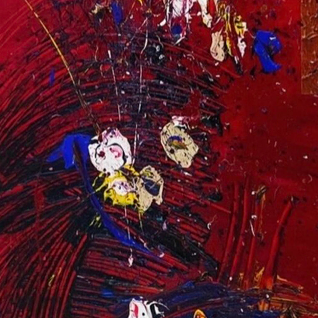 The artwork 'The Protector' by Dom Hiddo features a dynamic abstract composition with explosive red brushstrokes radiating outward, contrasting with bold touches of cobalt blue and yellow accents. The acrylic and oil painting on wood showcases energetic textures and splatter techniques, creating a powerful sense of movement across the 48x24 inch surface.