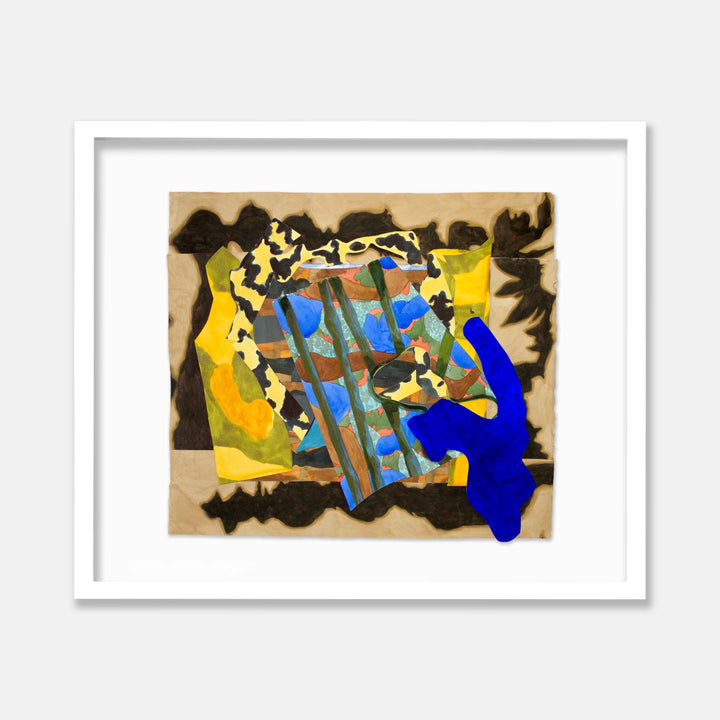 The artwork 'The Remains' by Winnie Sidharta features an abstract collage composition with vibrant blue, yellow, and black geometric forms. The piece combines watercolor techniques with collage elements, creating dynamic movement through layered shapes and bold color contrasts against a light beige background, framed in white.