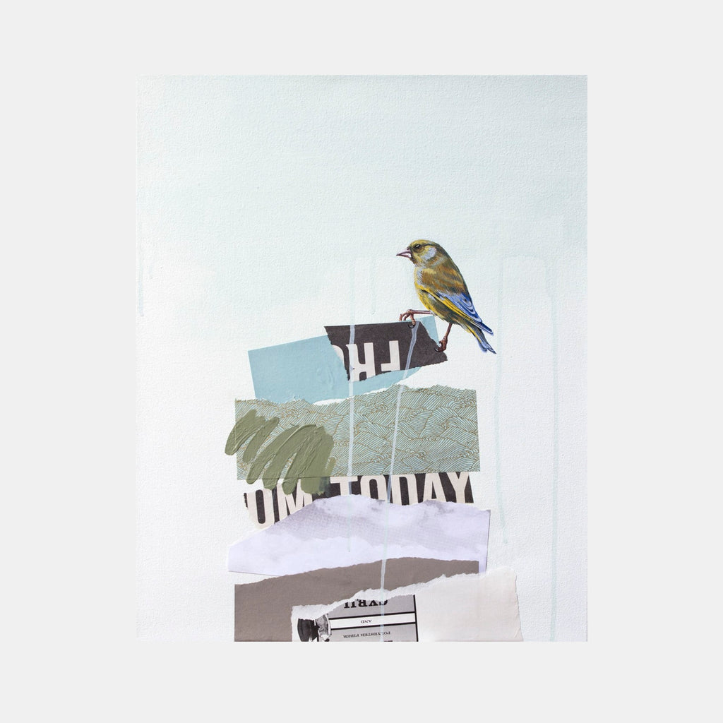 The artwork 'The Rise and Fall No.10' by Lauren Matsumoto features a delicate collage composition with a small bird perched atop layered torn paper elements in muted tones of blue, gray, and white. The mixed-media piece combines acrylic paint and paper on canvas, creating a minimalist, contemporary aesthetic with abstract geometric shapes and subtle textural elements.