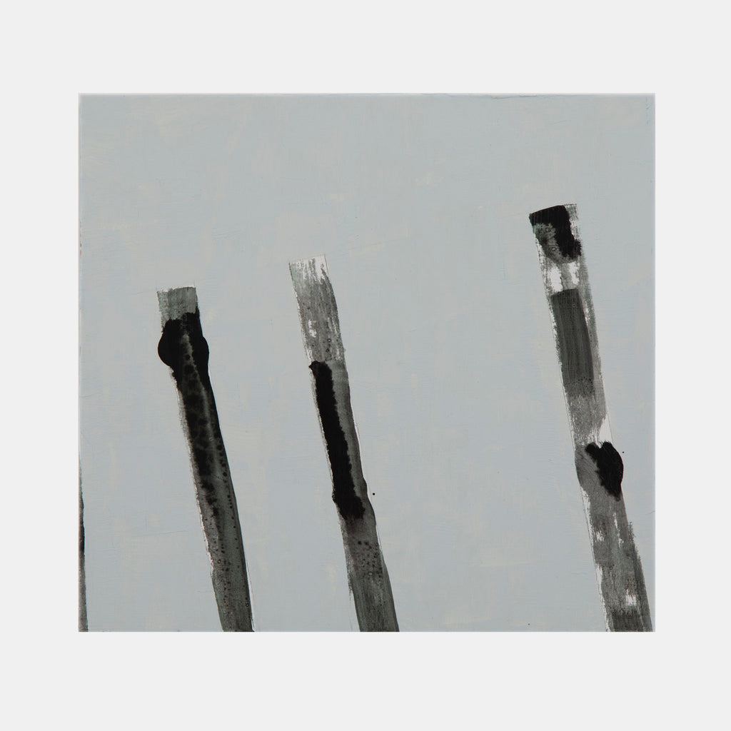 The artwork 'The Sisters' by Troy Medinis features three vertical brushstrokes in black and gray ink against a pale gray background. The strokes appear loose and expressive, with varying textures and tonal values, creating a minimalist composition on an oil and ink panel measuring 9x8.5 inches.