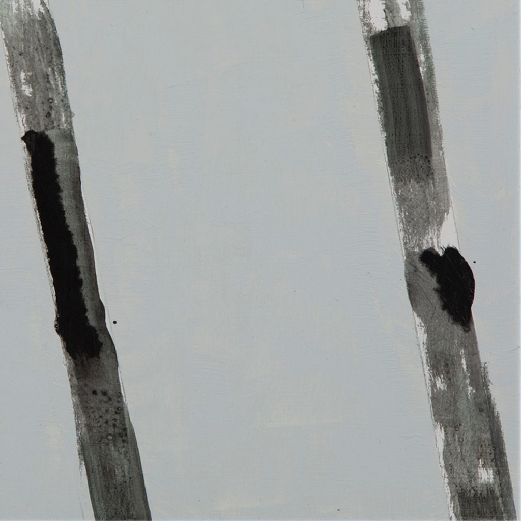 The artwork 'The Sisters' by Troy Medinis features two bold vertical brushstrokes in black and gray ink against a soft gray background. The strokes appear organic and gestural, with varying opacity and texture, creating a minimalist abstract composition that suggests a contemplative relationship between parallel forms. Oil and ink on panel, 9x8.5 inches.