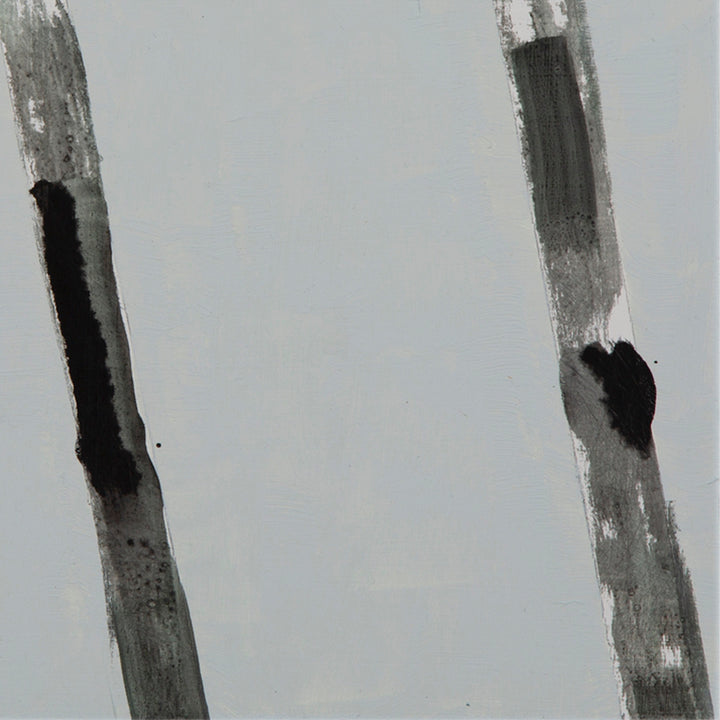 The artwork 'The Sisters' by Troy Medinis features two bold vertical brushstrokes in black and gray ink against a soft gray background. The strokes appear organic and gestural, with varying opacity and texture, creating a minimalist abstract composition that suggests a contemplative relationship between parallel forms. Oil and ink on panel, 9x8.5 inches.
